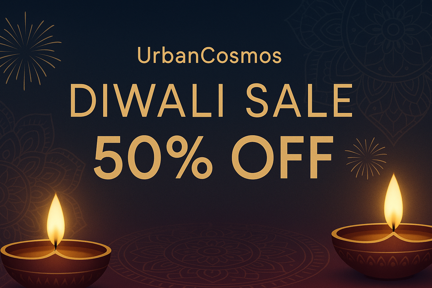generete an image for diwali 50% off sale banner for my UrbanCosmos website homepage. make the banner very cool for ui and the text size is not that big, make it small/medium